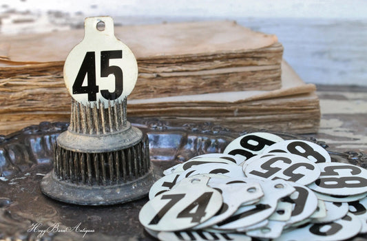 Vintage Metal Cow Tag Number WHITE Black